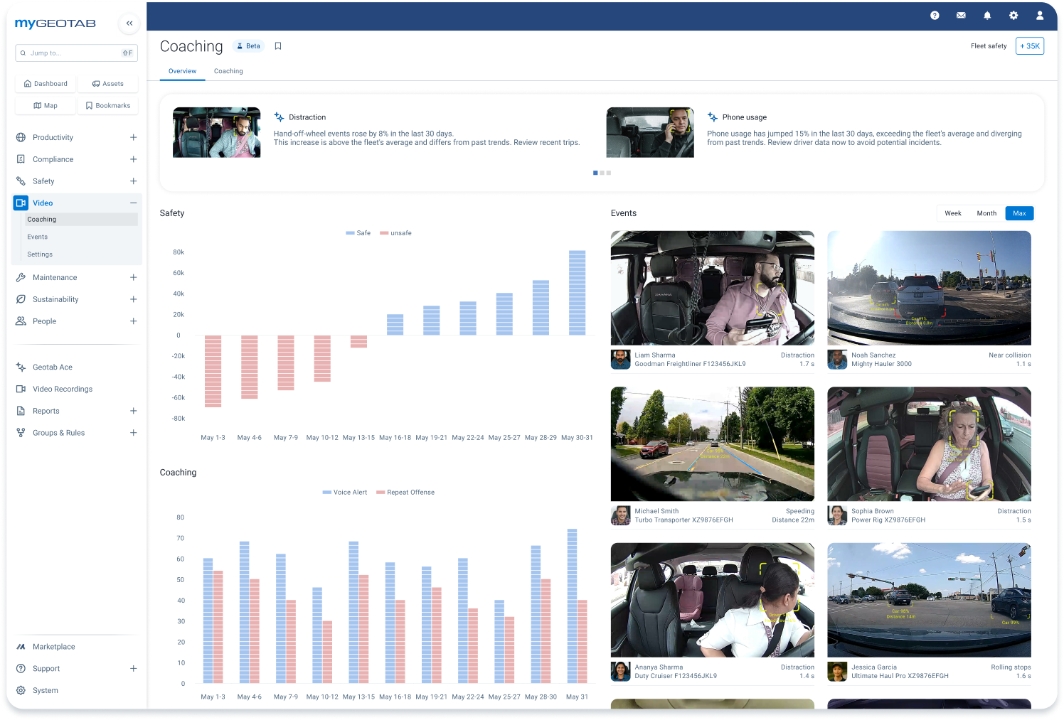Descripción de la imagen: Las grabaciones con cámaras Motormax se integran totalmente en la plataforma de gestión de flotas MyGeotab. 